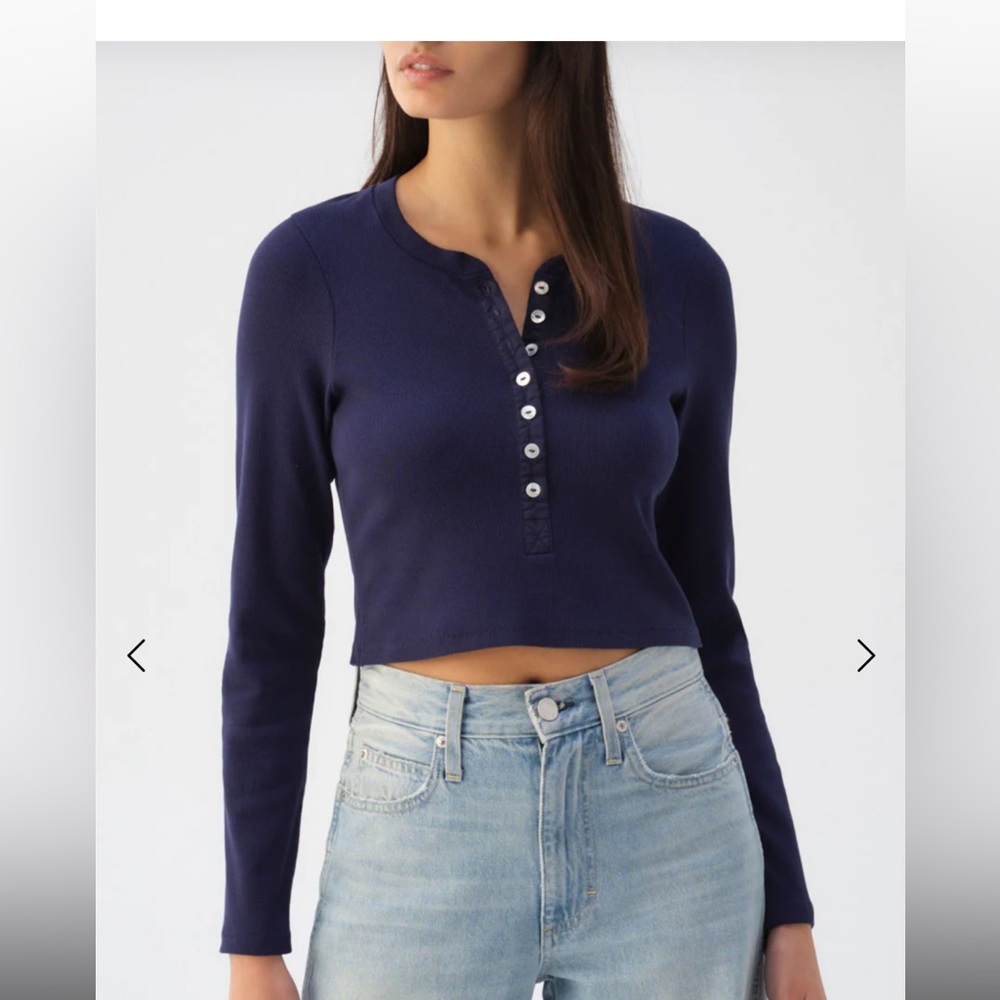 AMO Navy Long Sleeve Top - ribbed Henley